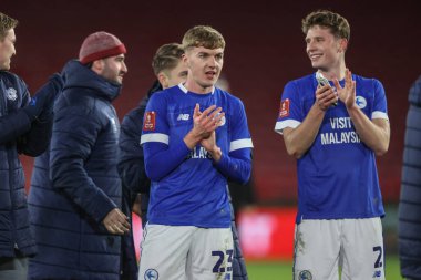 Joel Bagan of Cardiff City applauds the fans after the game during the Emirates FA Cup 3rd Round match Sheffield United vs Cardiff City at Bramall Lane, Sheffield, United Kingdom, 9th January 2025 clipart