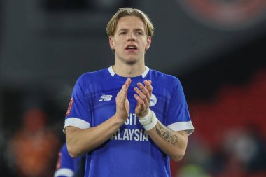 Jesper Daland of Cardiff City applauds the fans after the game during the Emirates FA Cup 3rd Round match Sheffield United vs Cardiff City at Bramall Lane, Sheffield, United Kingdom, 9th January 2025 clipart