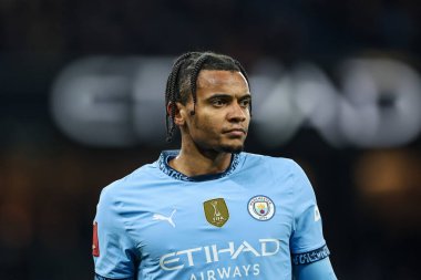 Manchester City 'den Manuel Akanji, 11 Ocak 2025 tarihinde Etihad Stadyumu' nda oynanan Manchester City-Salford maçında oynanan 3.