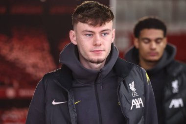 Liverpool 'dan Conor Bradley Premier Lig maçı sırasında Nottingham Forest' a karşı Liverpool City Ground, Nottingham, İngiltere 'de 14 Ocak 2025' te geldi.