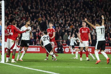 Liverpool 'dan Diogo Jota, 14 Ocak 2025' te İngiltere 'nin Nottingham kentinde oynanan Premier Lig maçı Nottingham Forest' a karşı Liverpool maçında 1-1 kazanma hedefini kutluyor.