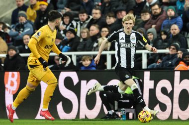 Newcastle United takımından Anthony Gordon, Premier Lig maçı Newcastle United 'a karşı Wolverhampton Wanderers maçında 15 Ocak 2025' te St. James 's Park, Newcastle, İngiltere' de top ile ilerliyor.