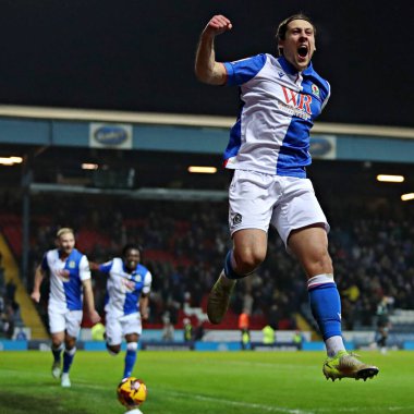 Blackburn Rovers takımından Callum Brittain, 15 Ocak 2025 'te Blackburn, İngiltere' deki Ewood Park 'ta oynanan Blackburn Rovers-Portsmouth maçında golünü kutluyor.