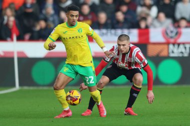 Norwich City 'den Lewis Dobbin, Sheffield United' ın 18 Ocak 2025 'te Bramall Lane, Sheffield City' de oynanan Gökyüzü İddia Şampiyonası maçında Sheffield United 'ın Norwich City' e karşı oynadığı maçta Sheffield United 'dan Alfie Gilchrist' in baskısı altında.