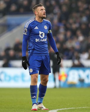 Leicester City 'den Jamie Vardy Premier League maçı sırasında Leicester City, Fulham' a karşı King Power Stadyumu, Leicester, İngiltere, 18 Ocak 2025