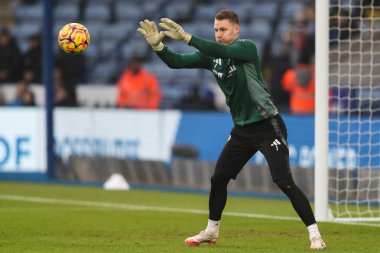 Maç öncesi ısınma sırasında Fulham 'dan Bernd Leno 18 Ocak 2025' te King Power Stadyumu 'nda Leicester City ile Fulham maçında karşılaşacak.
