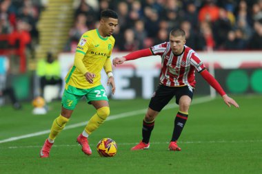 Norwich City 'den Lewis Dobbin, Sheffield United' ın 18 Ocak 2025 'te Bramall Lane, Sheffield City' de oynanan Gökyüzü İddia Şampiyonası maçında Sheffield United 'ın Norwich City' e karşı oynadığı maçta Sheffield United 'dan Alfie Gilchrist' in baskısı altında.