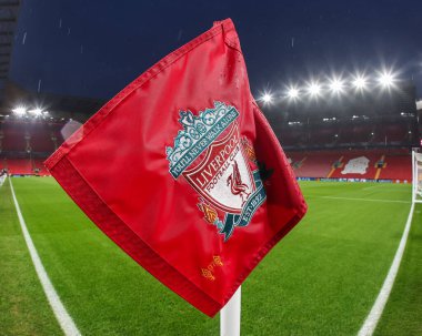Liverpool Marka bayrağı UEFA Şampiyonlar Ligi 'nin önünde - Lig Sahnesi Liverpool - Liverpool - Anfield, Liverpool, İngiltere, 21 Ocak 2025
