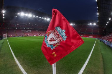 Anfield ve Liverpool 'un markalı köşe bayrağı Liverpool Şampiyonlar Ligi - Lig Sahnesi Liverpool' a karşı Anfield, Liverpool, İngiltere, 21 Ocak 2025