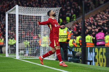 Liverpool 'dan Muhammed Salah, UEFA Şampiyonlar Ligi - Lig Stage Liverpool - Lille Anfield, Liverpool, Birleşik Krallık' ta 21 Ocak 2025 tarihinde Liverpool Ligi 'nde 1-0 kazanma hedefini kutluyor.
