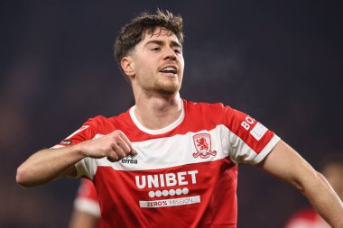Middlesbrough takımından Hayden Hackney, 21 Ocak 2025 'te Middlesbrough, İngiltere' deki Riverside Stadyumu 'nda oynanan Middlesbrough-West Bromwich Albion maçında 1-0 kazanma hedefini kutluyor.