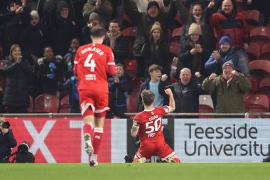 Middlesbrough 'dan Ben Doak, 21 Ocak 2025' te Middlesbrough, Birleşik Krallık 'taki Riverside Stadyumu' nda oynanan Middlesbrough-West Bromwich Albion maçında 2-0 kazanma hedefini kutluyor.