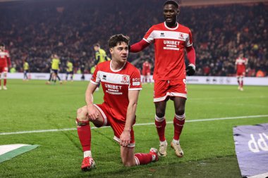 Middlesbrough takımından Hayden Hackney, 21 Ocak 2025 'te Middlesbrough, İngiltere' deki Riverside Stadyumu 'nda oynanan Middlesbrough-West Bromwich Albion maçında 1-0 kazanma hedefini kutluyor.