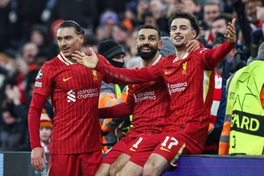 Liverpool 'dan Muhammed Salah, UEFA Şampiyonlar Ligi - Lig Stage Liverpool - Lille Anfield, Liverpool, Birleşik Krallık' ta 21 Ocak 2025 tarihinde Liverpool Ligi 'nde 1-0 kazanma hedefini kutluyor.