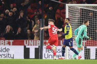 Middlesbrough 'dan Ben Doak, 21 Ocak 2025' te Middlesbrough, Birleşik Krallık 'taki Riverside Stadyumu' nda oynanan Middlesbrough-West Bromwich Albion maçında 2-0 kazanma hedefini kutluyor.