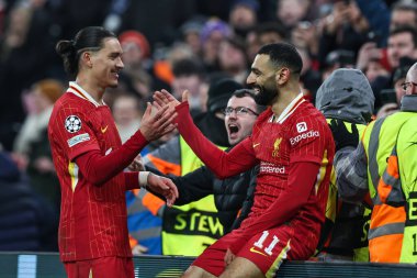 Liverpool 'dan Muhammed Salah, UEFA Şampiyonlar Ligi - Lig Stage Liverpool - Lille Anfield, Liverpool, Birleşik Krallık' ta 21 Ocak 2025 tarihinde Liverpool Ligi 'nde 1-0 kazanma hedefini kutluyor.