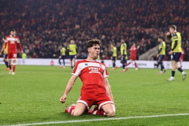 Middlesbrough takımından Hayden Hackney, 21 Ocak 2025 'te Middlesbrough, İngiltere' deki Riverside Stadyumu 'nda oynanan Middlesbrough-West Bromwich Albion maçında 1-0 kazanma hedefini kutluyor.