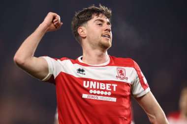 Middlesbrough takımından Hayden Hackney, 21 Ocak 2025 'te Middlesbrough, İngiltere' deki Riverside Stadyumu 'nda oynanan Middlesbrough-West Bromwich Albion maçında 1-0 kazanma hedefini kutluyor.