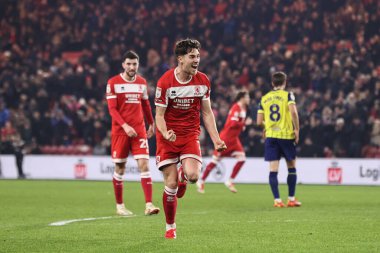 Middlesbrough takımından Hayden Hackney, 21 Ocak 2025 'te Middlesbrough, İngiltere' deki Riverside Stadyumu 'nda oynanan Middlesbrough-West Bromwich Albion maçında 1-0 kazanma hedefini kutluyor.