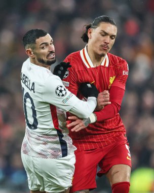 Lille 'den Rmy Cabella ve Liverpool' dan Darwin Nez, UEFA Şampiyonlar Ligi - Lig Sahnesi Liverpool Lille, Anfield, Liverpool, İngiltere, 21 Ocak 2025