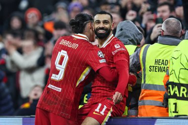 Liverpool 'dan Muhammed Salah, UEFA Şampiyonlar Ligi - Lig Stage Liverpool - Lille Anfield, Liverpool, Birleşik Krallık' ta 21 Ocak 2025 tarihinde Liverpool Ligi 'nde 1-0 kazanma hedefini kutluyor.
