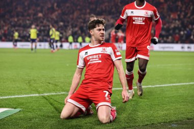Middlesbrough takımından Hayden Hackney, 21 Ocak 2025 'te Middlesbrough, İngiltere' deki Riverside Stadyumu 'nda oynanan Middlesbrough-West Bromwich Albion maçında 1-0 kazanma hedefini kutluyor.