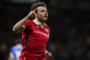 Wrexham 'dan Ollie Rathbone, Wrexham - Birmingham City maçında Wrexham - SToK Cae Ras, Wrexham, Birleşik Krallık, 23 Ocak 2025' te 1-0 kazanma golünü kutluyor.