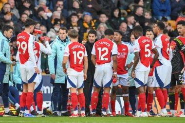 Mikel Arteta Manager of Arsenal gives his side instructions during a break in play during the Premier League match Wolverhampton Wanderers vs Arsenal at Molineux, Wolverhampton, United Kingdom, 25th January 2025 clipart