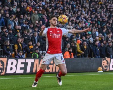 Arsenal 'den Declan Rice, İngiltere' nin Wolverhampton kentinde oynanan Premier League maçında Wolverhampton Wanderers, Arsenal 'e karşı 25 Ocak 2025