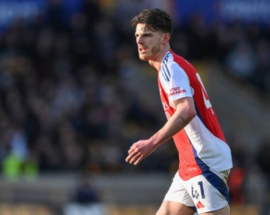 Arsenal 'den Declan Rice Premier Lig karşılaşmasında Wolverhampton Wanderers, Molineux, Wolverhampton, Birleşik Krallık' ta Arsenal 'e karşı, 25 Ocak 2025