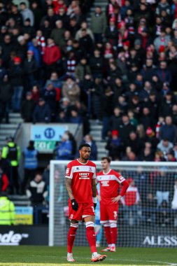 Middlesbrough 'dan Delano Burgzorg, 25 Ocak 2025' te Deepdale, Preston, Birleşik Krallık 'ta oynanan Sky Bet Şampiyonası maçında 1-0 berabere kalma golünü attıktan sonra üzüldü.