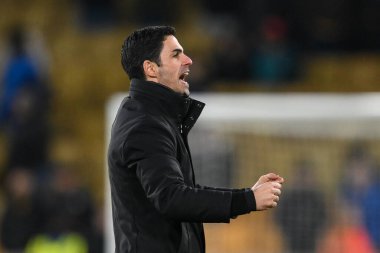 Arsenal 'in Mikel Arteta Müdürü, 25 Ocak 2025' te İngiltere 'de Molineux, Wolverhampton' da oynanan Premier League maçının sonunda Wolverhampton Wanderers-Arsenal maçının galibiyetini kutluyor.