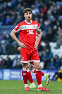 Middlesbrough 'dan Hayden Hackney, 25 Ocak 2025' te İngiltere 'nin Deepdale kentinde oynanan Gökyüzü İddia Şampiyonası' nda Preston North End ile Middlesbrough arasındaki maçta ellerini kalçalarına koydu.
