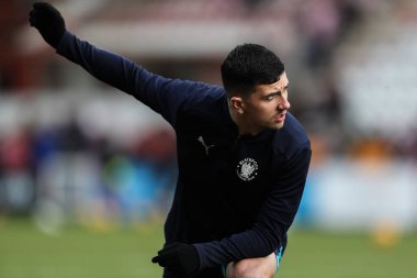 Blackpool 'dan Albie Morgan 25 Ocak 2025' te St James 'Park, Exeter, İngiltere' de oynanan Sky Bet 1 maçı öncesinde oynanan ısınma maçında