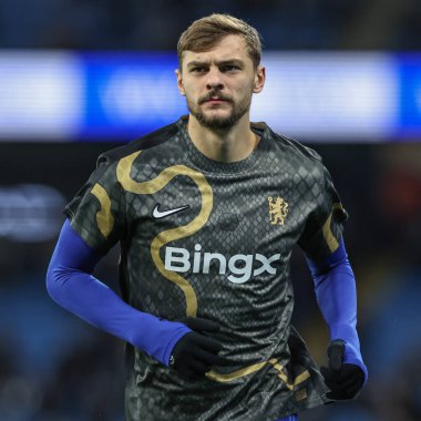 Chelsea 'den Kiernan Dewsbury-Hall Premier League maçında Manchester City ile Chelsea maçında 25 Ocak 2025' te Etihad Stadyumu 'nda ısınma turunda