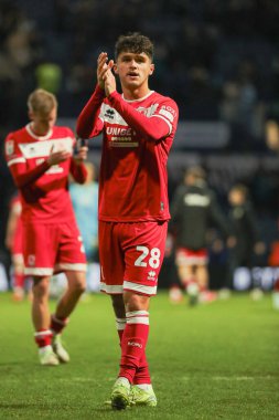 Middlesbrough 'dan Ryan Giles, 25 Ocak 2025' te Deepdale, Preston, İngiltere 'de oynanan Sky Bet Şampiyonası maçından sonra Middlesbrough taraftarlarını 2-1 mağlubiyetle yendi.