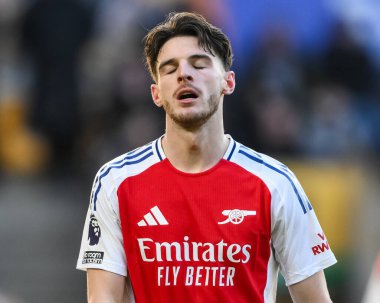 Arsenal 'den Declan Rice, Wolverhampton Wanderers ile Molineux, Wolverhampton, Birleşik Krallık' ta oynanan Premier League karşılaşmasında tepki gösterdi.