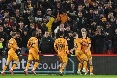 Matty Jacob of Hull City celebrates his goal to make it 0-2 with team mates during the Sky Bet Championship match Sheffield United vs Hull City at Bramall Lane, Sheffield, United Kingdom, 24th January 2025 clipart