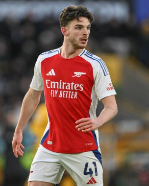 Arsenal 'den Declan Rice Premier Lig karşılaşmasında Wolverhampton Wanderers, Molineux, Wolverhampton, Birleşik Krallık' ta Arsenal 'e karşı, 25 Ocak 2025