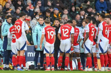 Mikel Arteta Manager of Arsenal gives his side instructions during a break in play during the Premier League match Wolverhampton Wanderers vs Arsenal at Molineux, Wolverhampton, United Kingdom, 25th January 2025 clipart