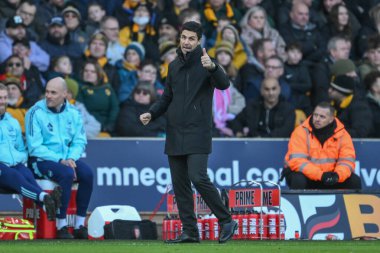 Mikel Arteta Manager of Arsenal gives a thumbs up to his team during the Premier League match Wolverhampton Wanderers vs Arsenal at Molineux, Wolverhampton, United Kingdom, 25th January 2025 clipart