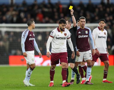 Referee Peter Bankes gives a yellow card to Youri Tielemans of Aston Villa during the Premier League match Aston Villa vs West Ham United at Villa Park, Birmingham, United Kingdom, 26th January 2025 clipart