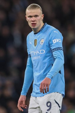 Manchester City 'den Erling Haaland UEFA Şampiyonlar Ligi Maçı sırasında 8 Manchester City Club Brugge' e karşı Etihad Stadyumu, Manchester, Birleşik Krallık, 29 Ocak 2025