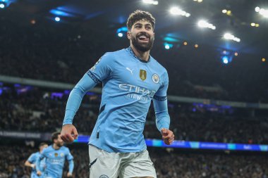 Manchester City 'den Joko Gvardiol, Manchester Stadyumu' nda 28 Ocak 2025 tarihinde oynanan 8 Manchester City vs Club Brugge karşılaşmasında Club Brugge 'den Joel Ordez' in attığı golü kutluyor.