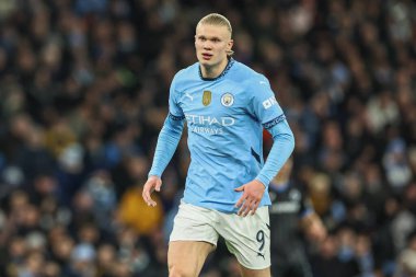 Manchester City 'den Erling Haaland UEFA Şampiyonlar Ligi Maçı sırasında 8 Manchester City Club Brugge' e karşı Etihad Stadyumu, Manchester, Birleşik Krallık, 29 Ocak 2025