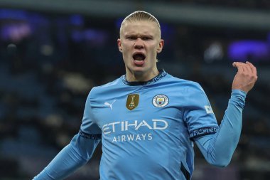 Manchester City 'den Erling Haaland UEFA Şampiyonlar Ligi Maçı sırasında 8 Manchester City Club Brugge' e karşı Etihad Stadyumu, Manchester, Birleşik Krallık, 29 Ocak 2025