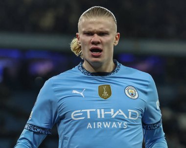 Manchester City 'den Erling Haaland UEFA Şampiyonlar Ligi Maçı sırasında 8 Manchester City Club Brugge' e karşı Etihad Stadyumu, Manchester, Birleşik Krallık, 29 Ocak 2025