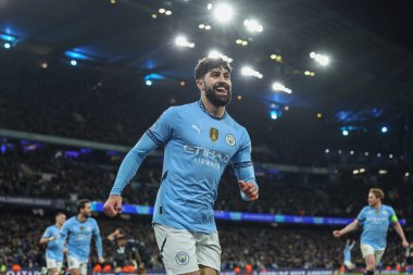 Manchester City 'den Joko Gvardiol, Manchester Stadyumu' nda 28 Ocak 2025 tarihinde oynanan 8 Manchester City vs Club Brugge karşılaşmasında Club Brugge 'den Joel Ordez' in attığı golü kutluyor.