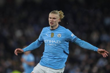 Manchester City 'den Erling Haaland UEFA Şampiyonlar Ligi Maçı sırasında 8 Manchester City Club Brugge' e karşı Etihad Stadyumu, Manchester, Birleşik Krallık, 29 Ocak 2025
