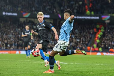 Manchester City 'den Svio, 29 Ocak 2025 tarihinde Etihad Stadyumu' nda oynanan 8 Manchester City vs Club Brugge maçında UEFA Şampiyonlar Ligi Maçı 'na 3-1' lik galibiyetini kutluyor.